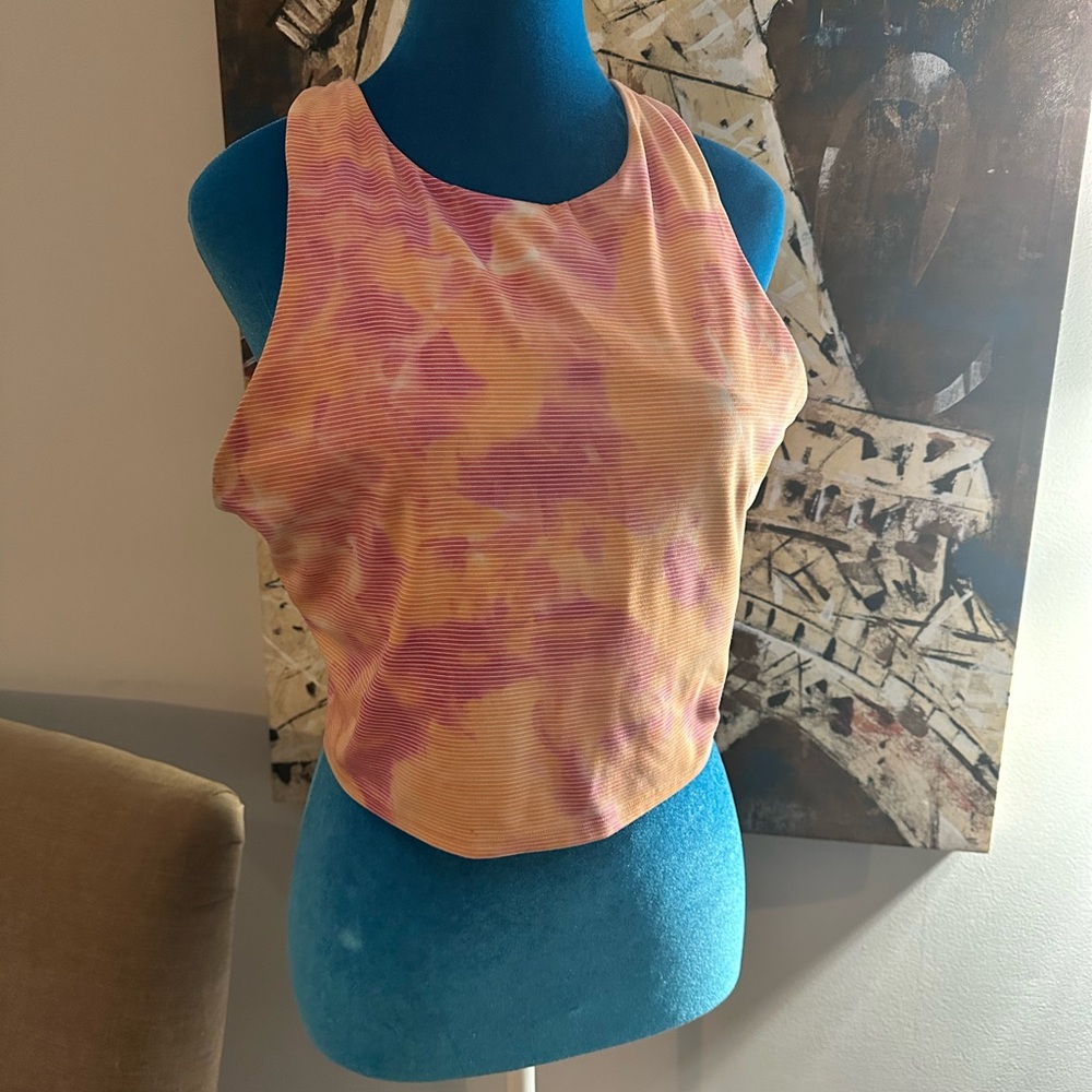 Athleta Orange Pink Asymmetrical Crop Tank Top